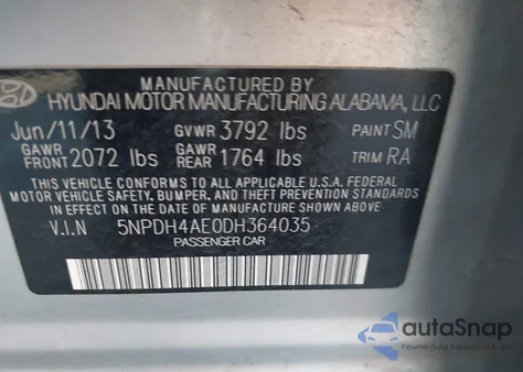 2013 Hyundai Elantra Gls from USA, damaged, VIN 5NPDH4AE0DH364035